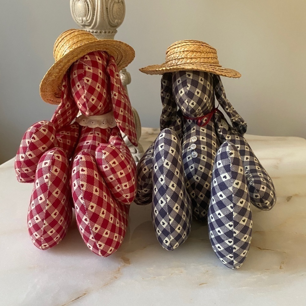 Jointed Bunnies with Straw Hats Folk Country Red & Blue Checked Heart Calico